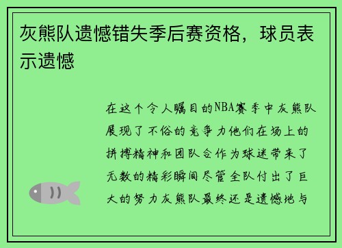 灰熊队遗憾错失季后赛资格，球员表示遗憾